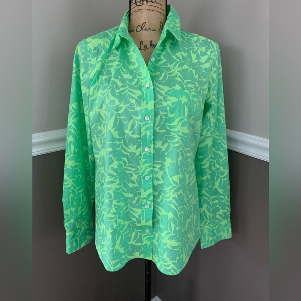 J CREW ladies Boy 100% cotton tropical lime green floral print shirt size 6 VGUC